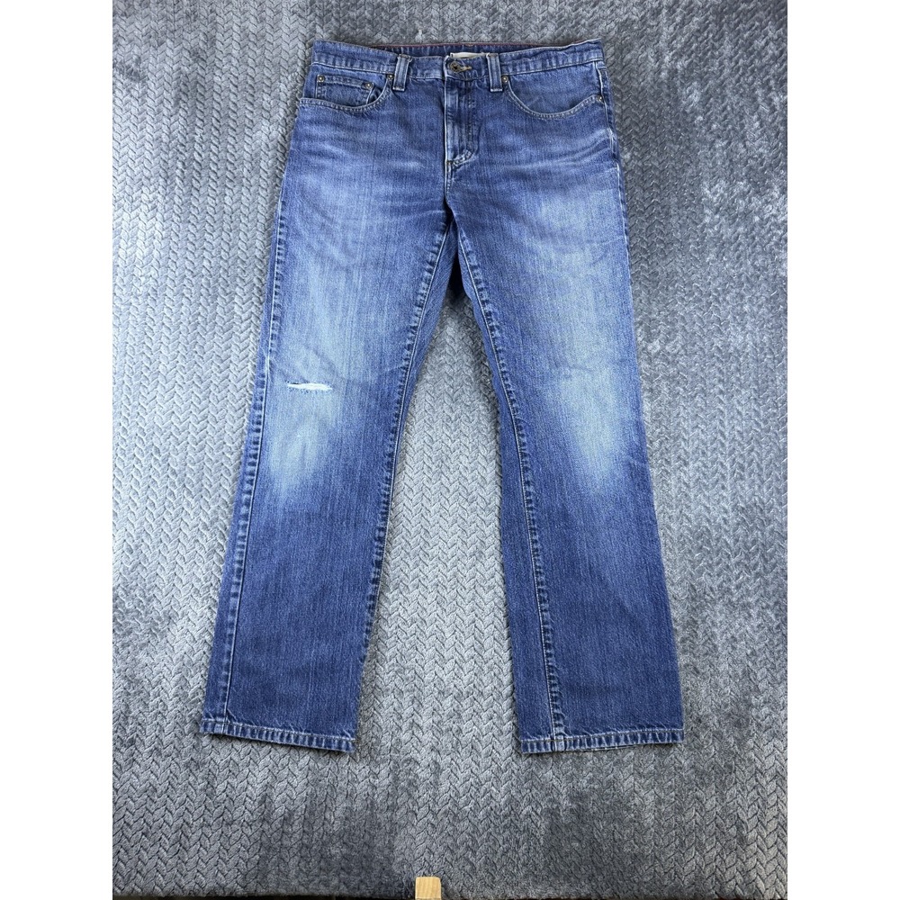L.L. Bean Jeans Mens 33 Blue Denim Boho Faded Distressed Whiskering Straight Leg
